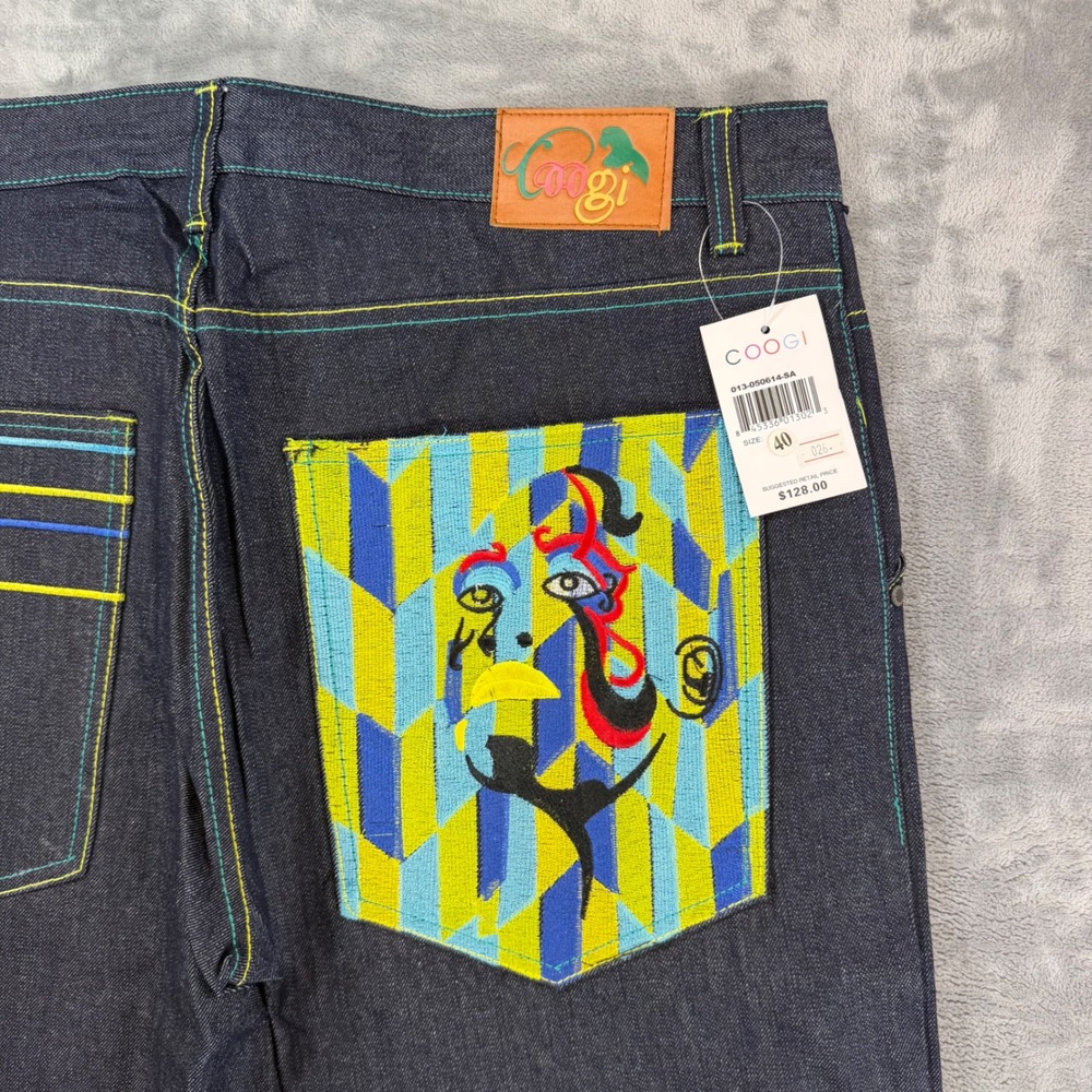Vintage COOGI Embroidered Straight Jeans Men's 40x34 Dark Blue Denim Pants NEW - Picture 3 of 6